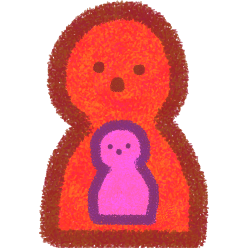 a big red person with a darker red outline, eyes, and nose. inside their tummy is a teeny tiny pink person with a darker pink outline, eyes, and nose.